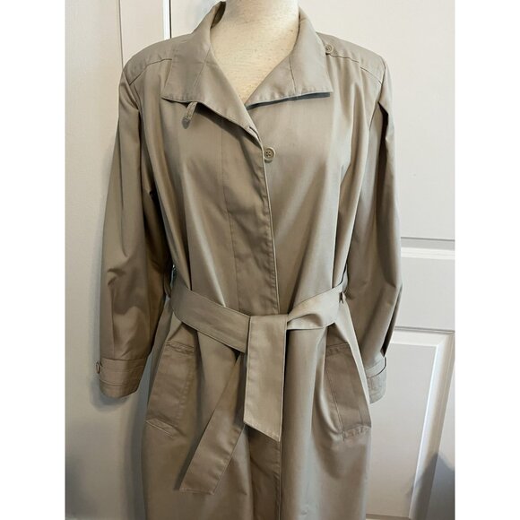 London Fog Trench Coat Women's Sz 14 Khaki Tan Hooded Long Mid Calf Vintage - Picture 2 of 16